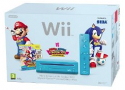 Wii: Nintendo Wii (Slim Line in Blau) + Mario and Sonic London 2012 Olympic Games für ca. 118,15€